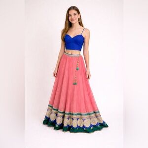 Pink/Blue Indian lehenga in net and velvet with skirt, blouse, stole, embroidery
